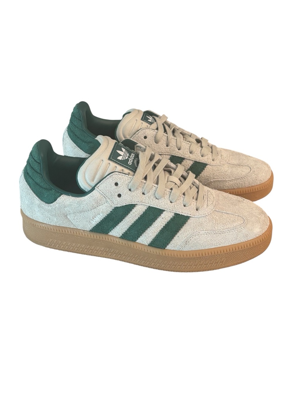 adidas Men’s Suede Sneakers in putty gray and collegiate Green & Gum